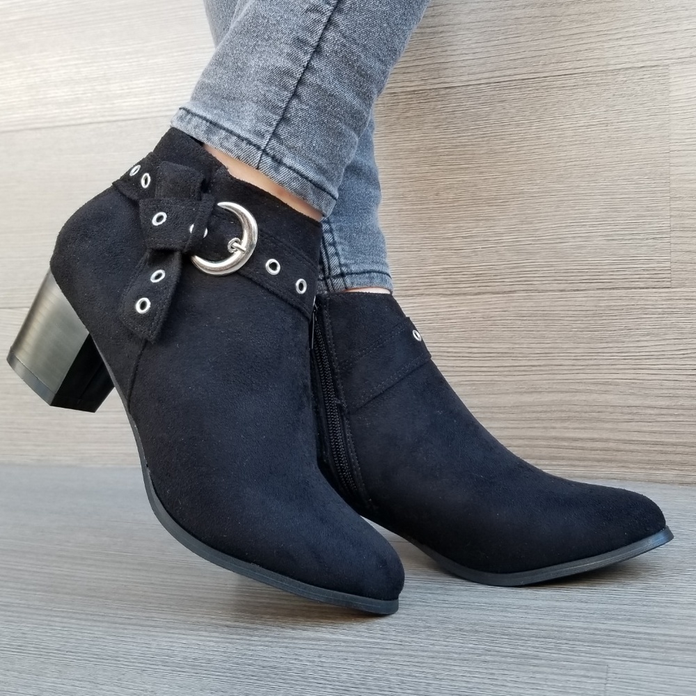 Black Vegan Suede Ankle Booties with Silver accent - Picture 5 of 8